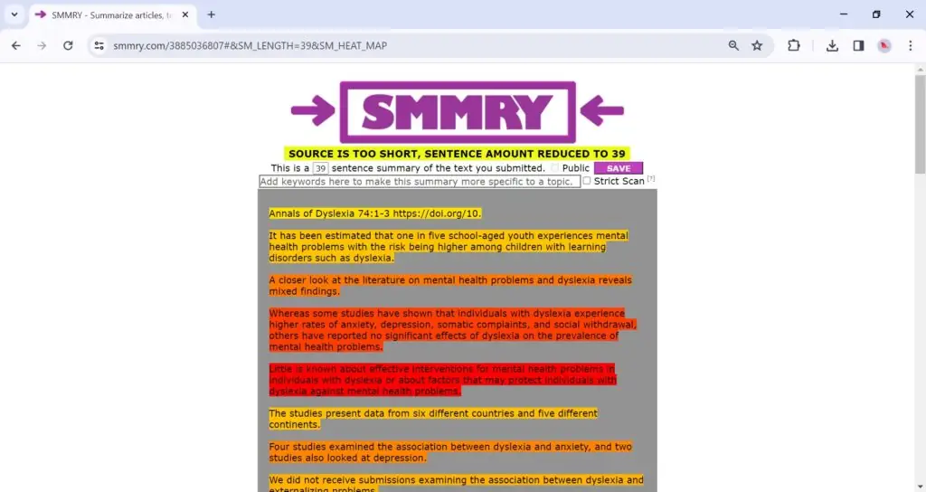 A screenshot of a generated summary of a short source at Smmry 