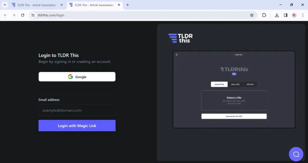 Screenshot of the registration process at TLDR This