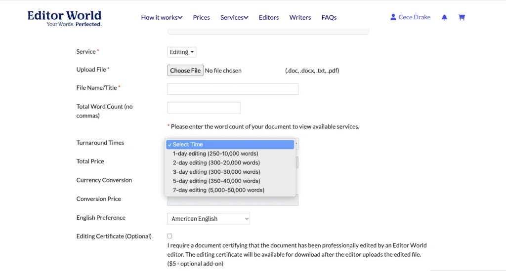 Screenshot of the order form at EditorWorld