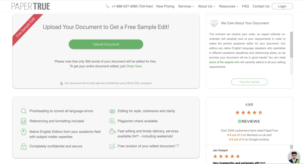 Screenshot of the free sample offer at Papertrue.com