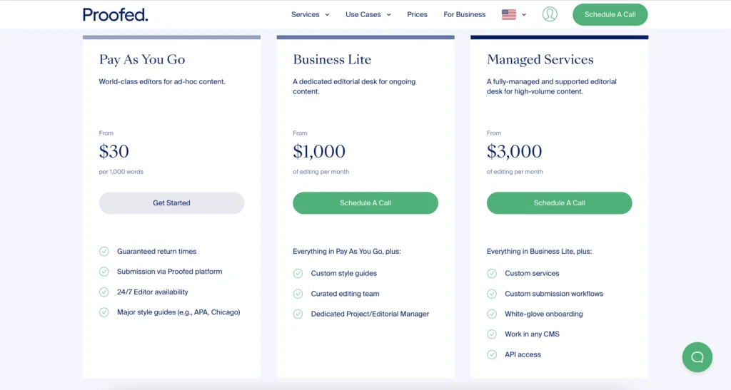 Screenshot of pricing plans at Proofed.com