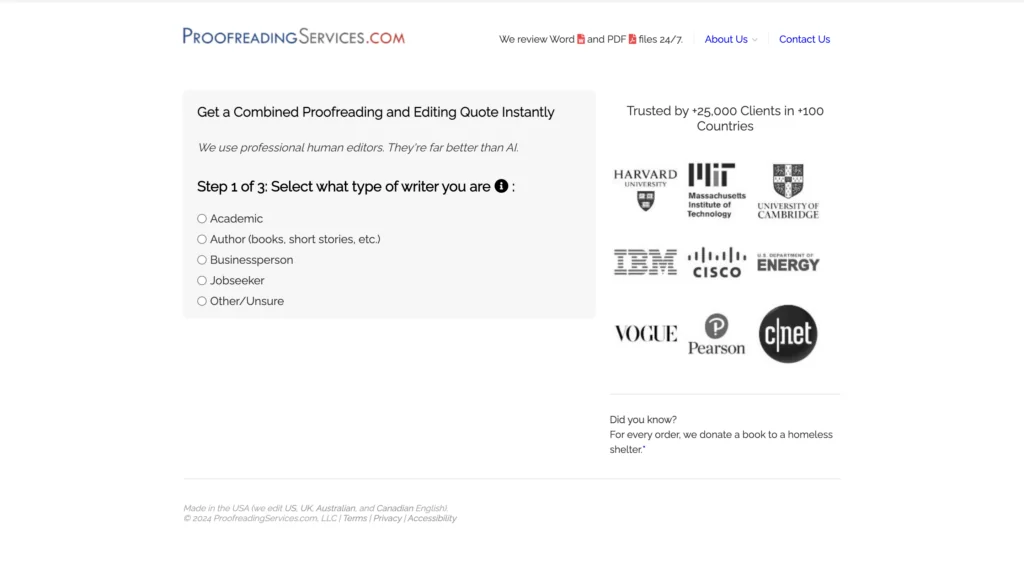 A screenshot of order form at Proofreadingservice.com