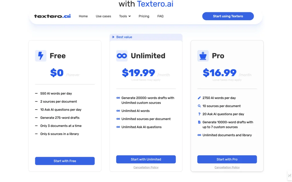 A screenshot of pricing plans at Textero.ai
