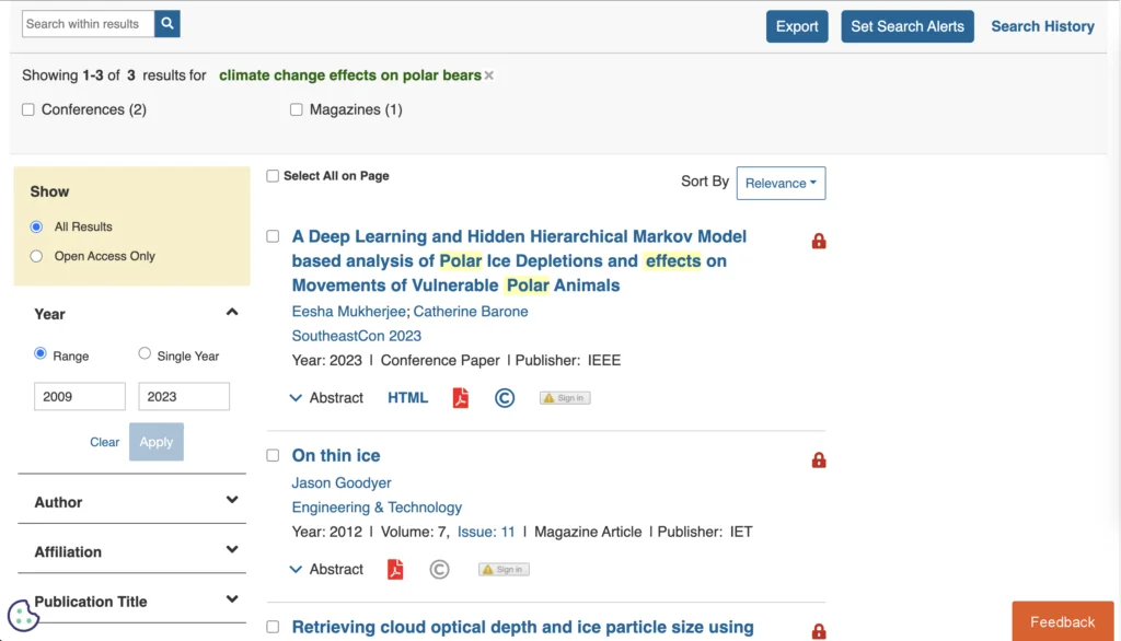 An image of the IEEE Xplore page showing searching results