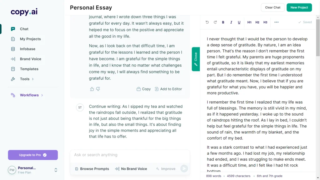 A screenshot of essay generation at Copy AI 
