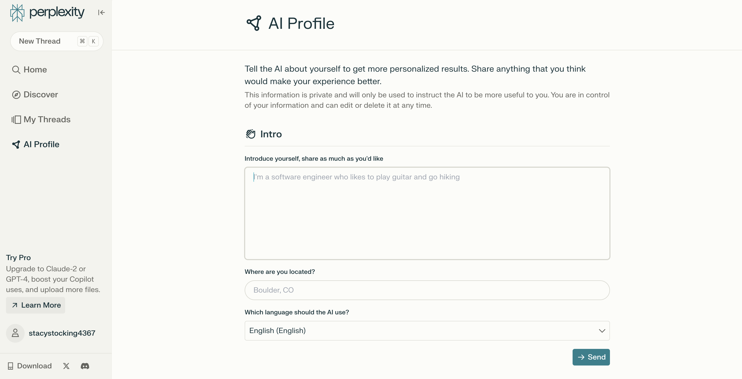 A screenshot of Perplexity dashboard