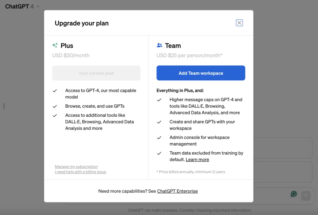 A screenshot of ChatGPT Pricing 