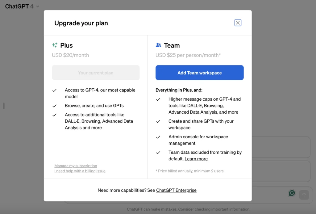 A screenshot of ChatGPT Plus pricing plan and features
