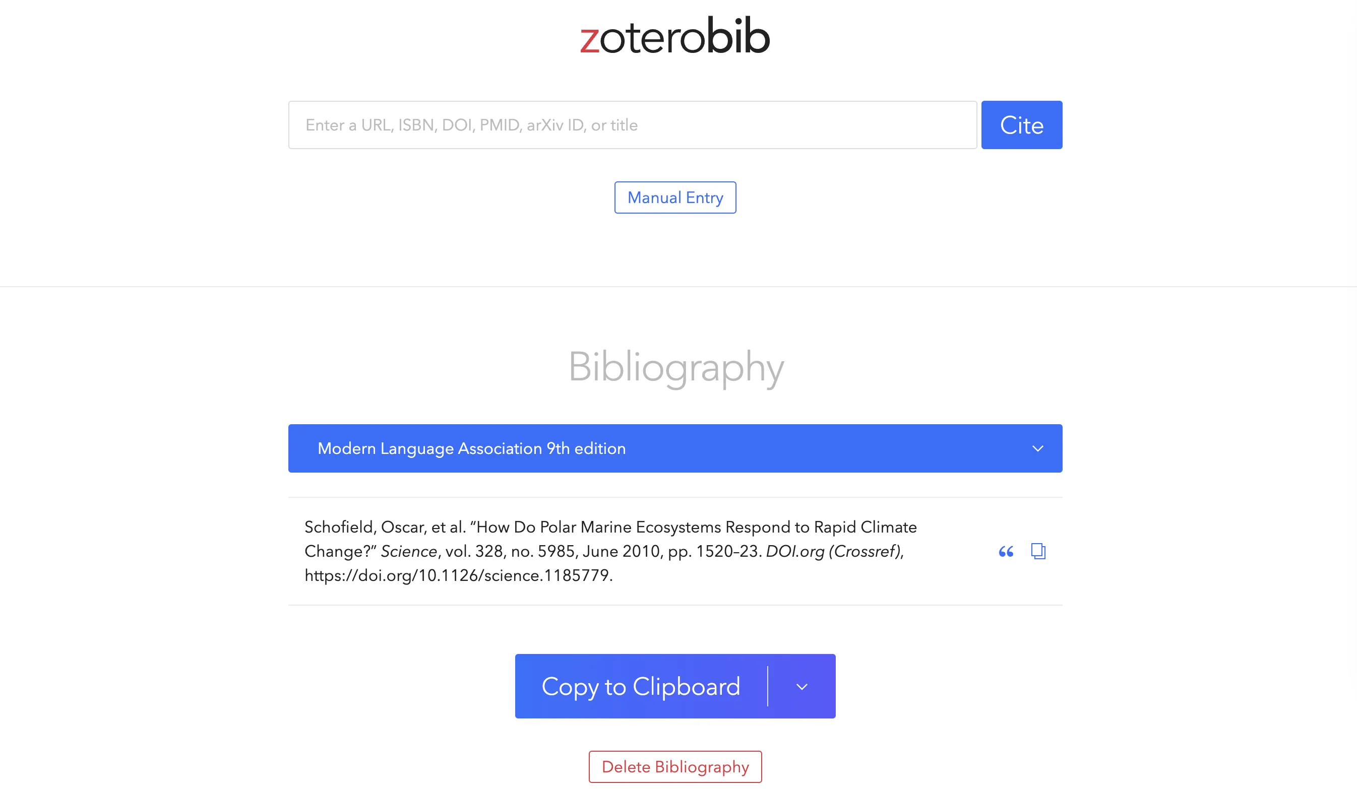 A screenshot of the citation formatting window at ZoteroBib