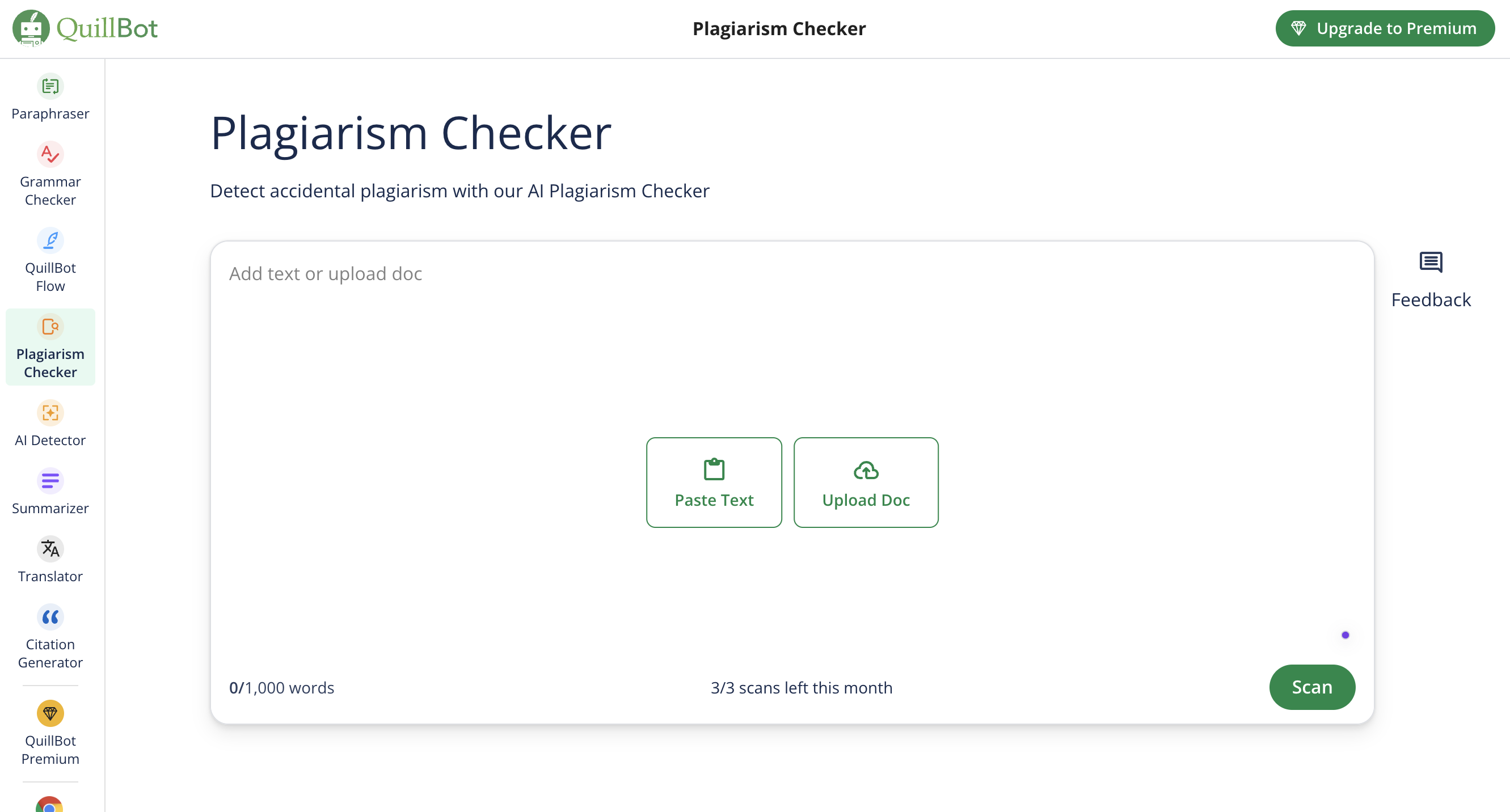 A screenshot of plagiarism checker user interface at QuillBot 