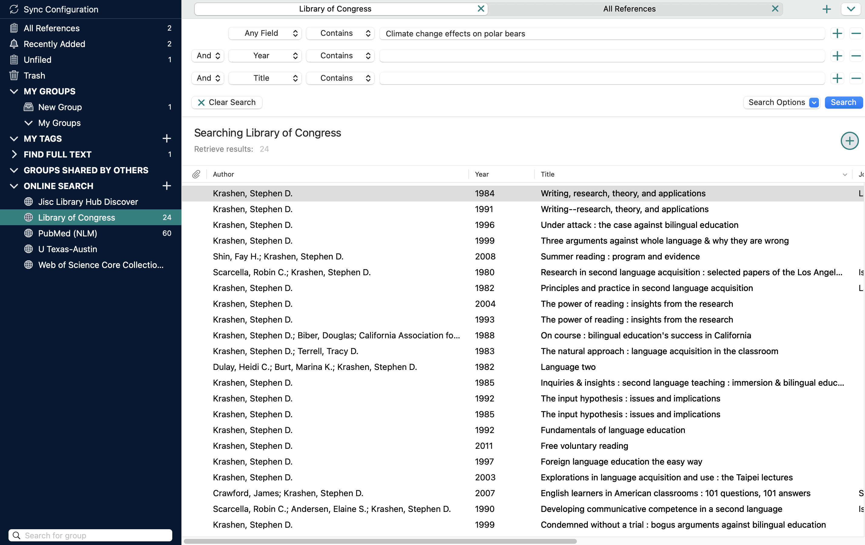 A screenshot of search results at Endnote