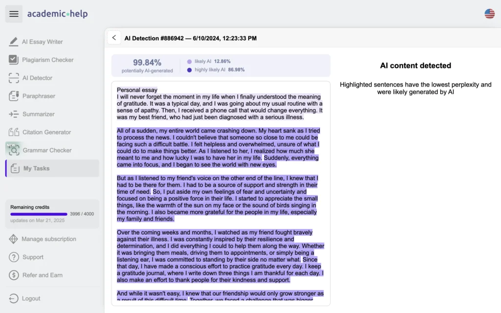 A screenshot of essay AI detection of Canva Magic Write