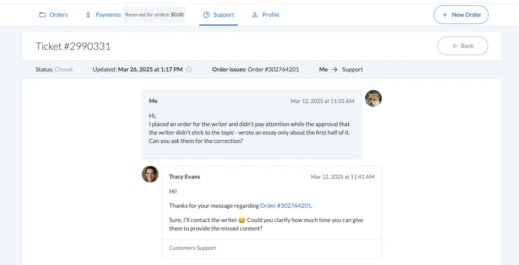 A screenshot of the communication with customer support at EssayShark