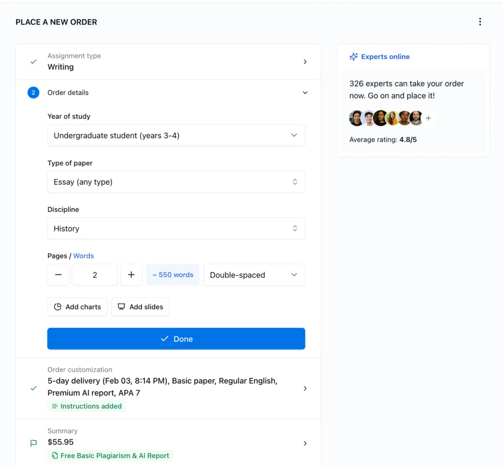 Order placement at CustomWritings.com