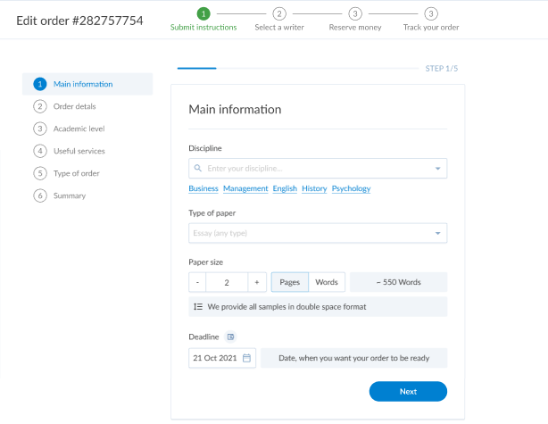 A screenshot of an order form at EssayShark
