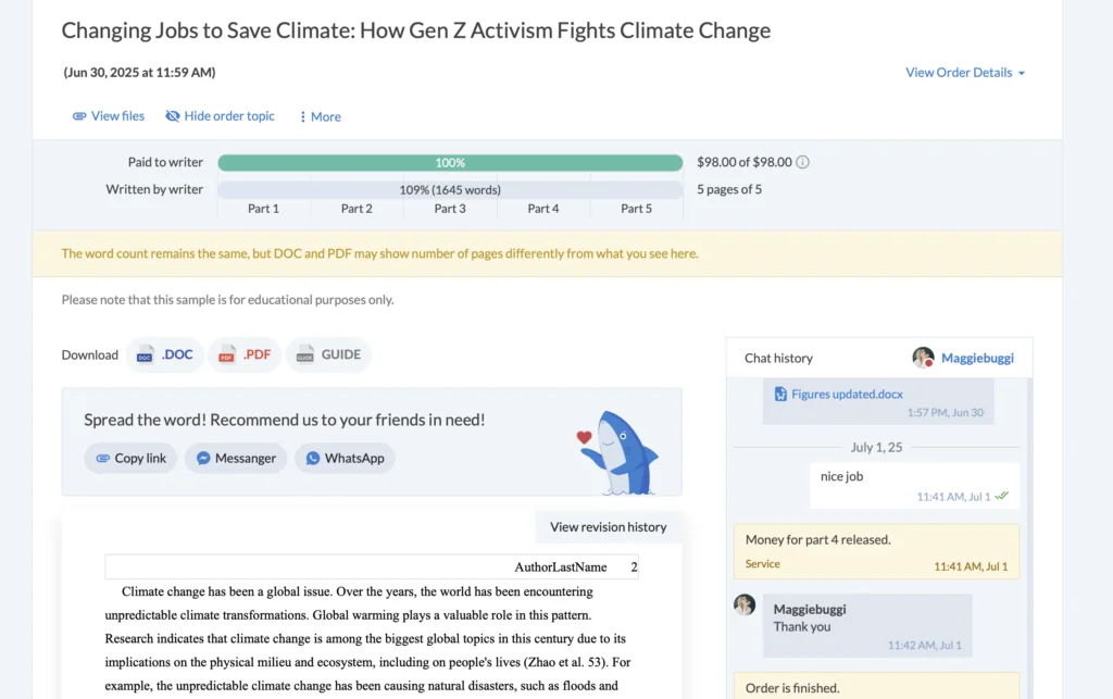 A screenshot of the order page at EssayShark.com